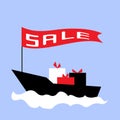 Ship with gifts sailing in the waves, discounts, price collapse