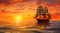 A Ship Glides through Calm Waters, Warm Hues Painting the Canvas of Sea, Sails Bathed in Gentle Glow.
