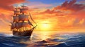 A Ship Glides through Calm Waters, Warm Hues Painting the Canvas of Sea, Sails Bathed in Gentle Glow.