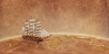 Ship on globe concept with old map paper in the background Royalty Free Stock Photo