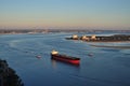 Ship going water from dock tanker sunset commercial ship containers transport