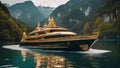 ship in the harbor A fantasy motor yacht boat in a crystal lake, with waterfalls, mountains Royalty Free Stock Photo