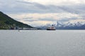 The ship hurtigruten entering tromsoe harbour Royalty Free Stock Photo