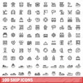 100 ship icons set, outline style
