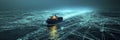 Ship with illuminated network amid ocean expanse