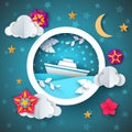 Ship illustration. Leaf, boat, flower, moon, cloud, star landscape.