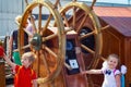 KALININGRAD, RUSSIA - JUNE 19, 2016: Big steering wheel on the barque Kruzenshtern prior Padua in the Kaliningrad Sea Port.