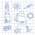 A ship, a lighthouse, a steering wheel and other sea adventures drawn with a pen in a notebook