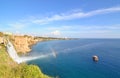 Ship at the Lower Duden waterfall. Antalya, Turkey Royalty Free Stock Photo