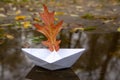 A ship made of notebook paper with a red oak leaf instead of a sail is reflected in a puddle Royalty Free Stock Photo