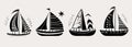 Ship and marine boat black silhouette set. Small and large seagoing vessels. Vector line art illustration on white