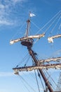 Ship mast and rigging on an old galleon navy vessel Royalty Free Stock Photo
