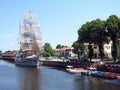 Ship - Meridian - in river Dange in Klaipeda, Lithuania Royalty Free Stock Photo