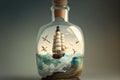 ship model in bottle with lighthouse, waves and seagulls for majestic view