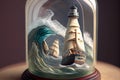 ship model in bottle with view of the ocean, waves and lighthouse visible