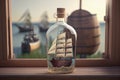 ship model in bottle on wooden table, with view of the ocean Royalty Free Stock Photo