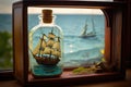 ship model in bottle on wooden table, with view of the ocean