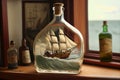 ship model in bottle on wooden table, with view of the ocean