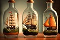 ship model racing against other ships in bottle