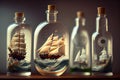 ship model racing against other ships in bottle