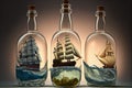 ship model racing against other ships in bottle