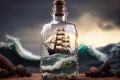 ship model sailing on stormy sea in bottle Royalty Free Stock Photo