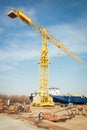 Ship and monumental crane in the shipyard Royalty Free Stock Photo