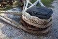 The ship is moored to a dock ladder rope chain Royalty Free Stock Photo