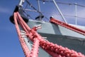 Ship mooring rope on the port wharf. Harbor bollard for large na Royalty Free Stock Photo