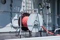 Ship mooring rope on the port wharf. Harbor bollard for large na Royalty Free Stock Photo