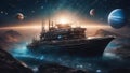 ship in the night A fantasy boat at high speed in a sea of stars, with planets, comets, and alien worlds Royalty Free Stock Photo