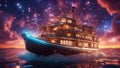ship at night highly intricately detailed photograph of Impressive Motor boat in navigation