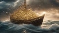 ship in the ocean highly intricately detailed boat filled with money in rough waters or seas