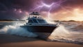 ship in the ocean highly intricately detailed photograph Fast bass boat speeding to the shore to avoid the lightning storm