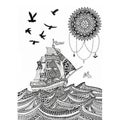 Ship in ocean mandala pen art half sketch paper hand drawing