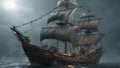 ship in the ocean A scary sail boat in a sea of slime, with fog, . The boat is made of wood with dirty grey sails Royalty Free Stock Photo