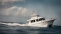 ship in the ocean A white sport fishing boat, flying the US Yacht Ensign, heads towards the open sea.