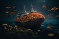 ship overtaken by mushrooms in a dark sea