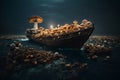 ship overtaken by mushrooms in a dark sea