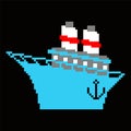 Ship pixel art. 8 bit Steamboat vector illustration. Blue boat