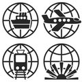 Ship Plane Train and Globe Sign. Vector.