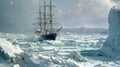 A ship ploughs through the icy waters its hull breaking through chunks of floating ice as it heads towards the frozen