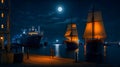 Ship and the port, night view cityscape with light AI generated image Royalty Free Stock Photo