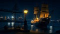 Ship and the port, night view cityscape with light AI generated image Royalty Free Stock Photo