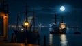 Ship and the port, night view cityscape with light AI generated image Royalty Free Stock Photo