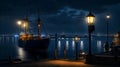 Ship and the port, night view cityscape with light AI generated image Royalty Free Stock Photo