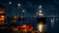 Ship and the port, night view cityscape with light AI generated image Royalty Free Stock Photo