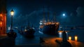 Ship and the port, night view cityscape with light AI generated image Royalty Free Stock Photo