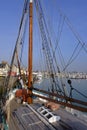Saint-Vaast-la-Hougue,fishing boat,boat,ship,port,harbor,marina,deck,mast,rope,pulley,parquet floor,wood floor,ratline,roppe lader