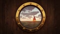 Ship porthole and sailing boat float on the water